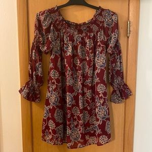 Entro Floral Smocked Long Sleeve Mini Dress Tunic Burgundy Size Large